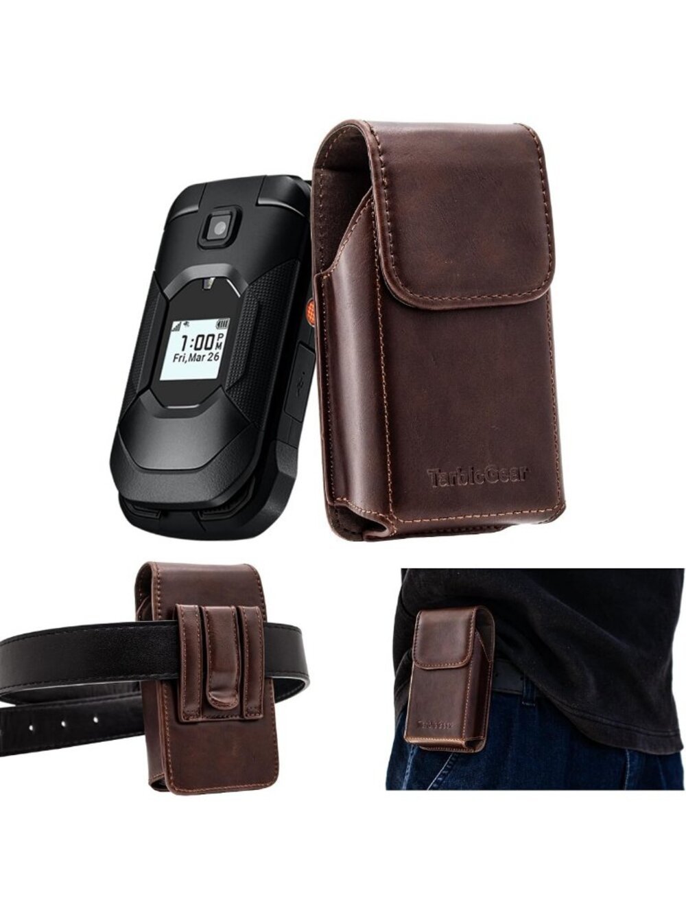 Stylish Leather Flip Phone Case with Belt Clip Pouch for Kyocera, TCL, Nokia